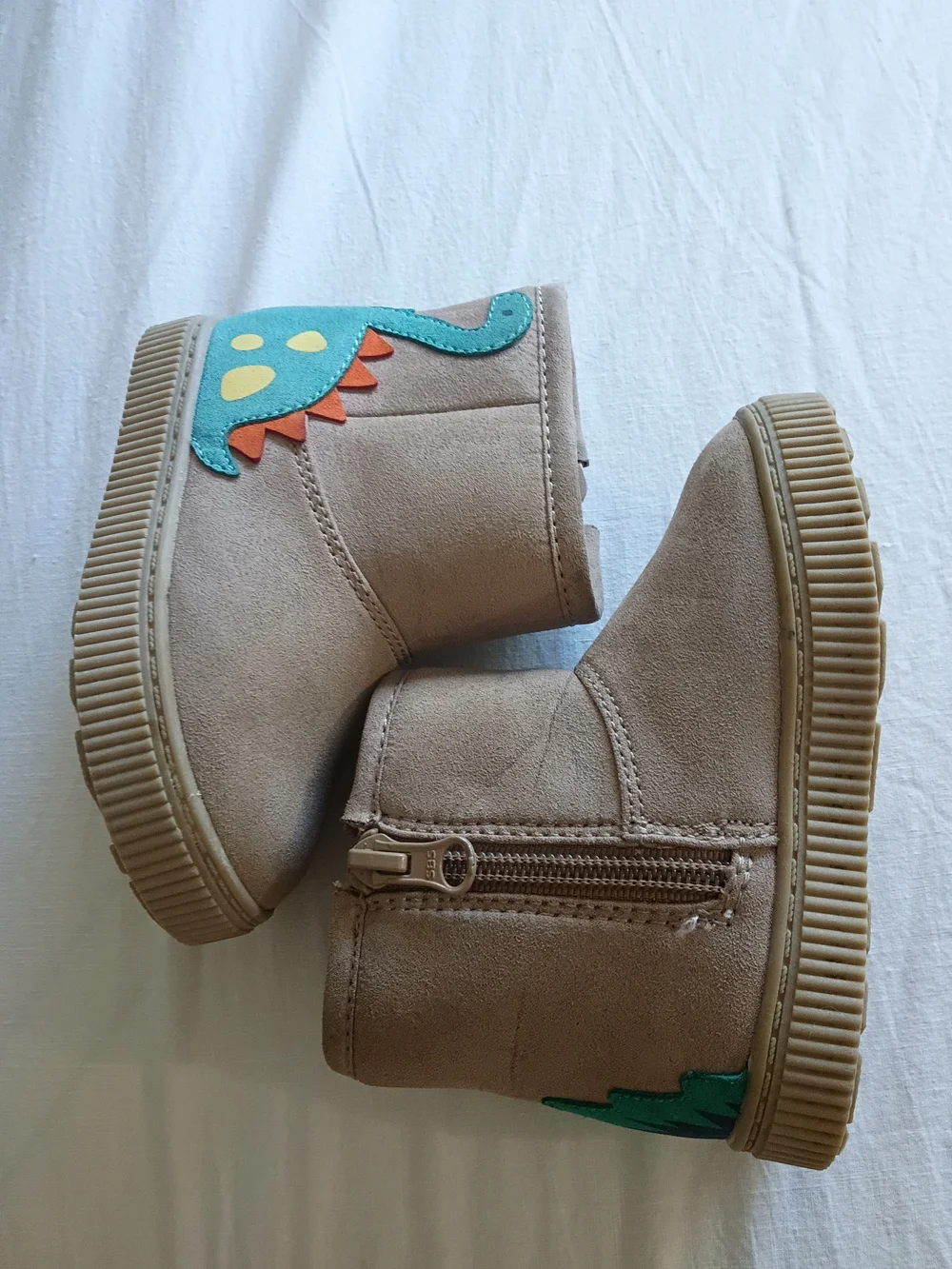 Cat & Jack Beige Suede-Look Kids Boots with Teal Dinosaur